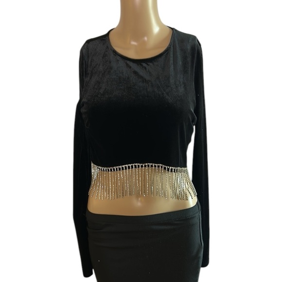 BEAR DANCE velvet crop top with rhinestone fringe . Black,like new! - Picture 5 of 11